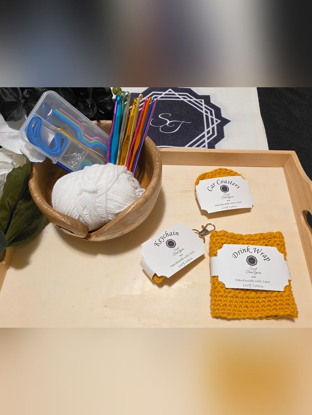 Handmade Crocheted Mustard Yellow Drink Wrap, Keychain, Car Coasters